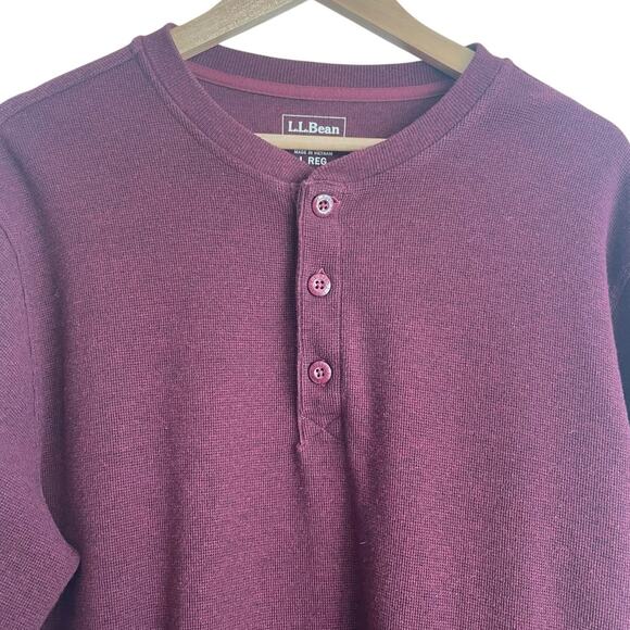 LL Bean Mens Shirt L Maroon Henley Waffle Knit Cotton Gorpcore Hike Camp Comfort - Picture 8 of 9